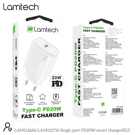Lamtech Wireless Charger with USB-C Port 20W Power Delivery White (LAM112686)