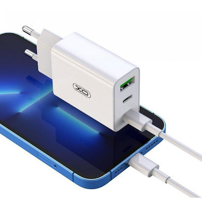 XO Ladegerät ohne Kabel mit USB-A Anschluss und 2 USB-C Anschlüsse 20W Stromlieferung / Schnellaufladung 3.0 Weißs (L101)