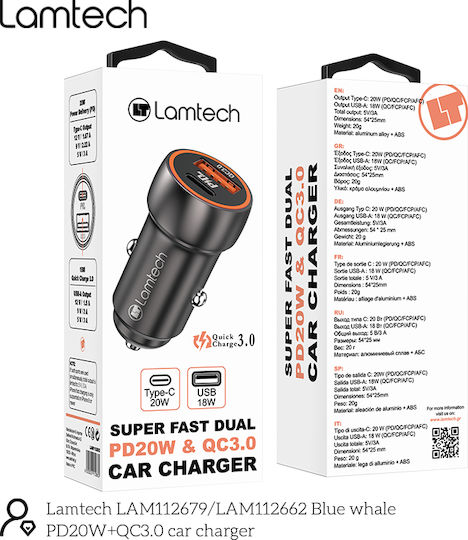 Lamtech Φορτιστής Αυτοκινήτου 20W Γρήγορης Φόρτισης με Θύρες: 1xUSB 1xType-C Γκρι