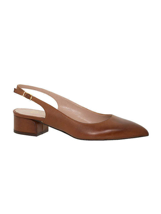Mourtzi Leather Pointed Toe Tabac Brown Low Heels with Strap