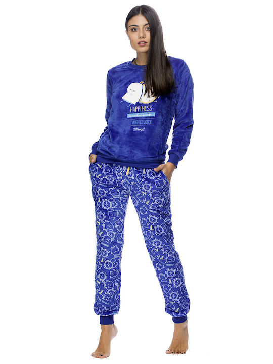 Vienetta Secret Winter Damen Pyjama-Set Vlies Blau