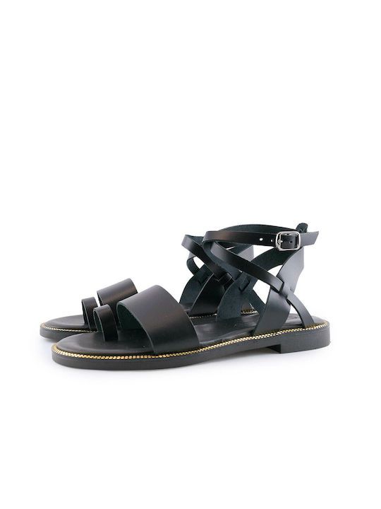 Bebaroque Leather Women's Flat Sandals with Strap in Black Color