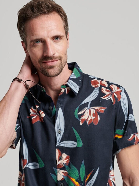 Hawaiian Short-sleeved Shirt Floral Navy Blue