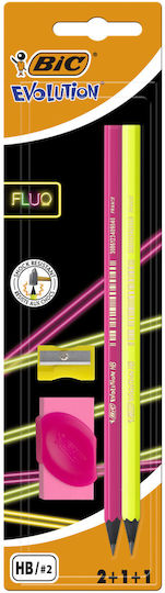 BIC Evolution Fluo Σετ 2 Μολύβια HB με Ξύστρα και Γόμα (Διάφορα Χρώματα)