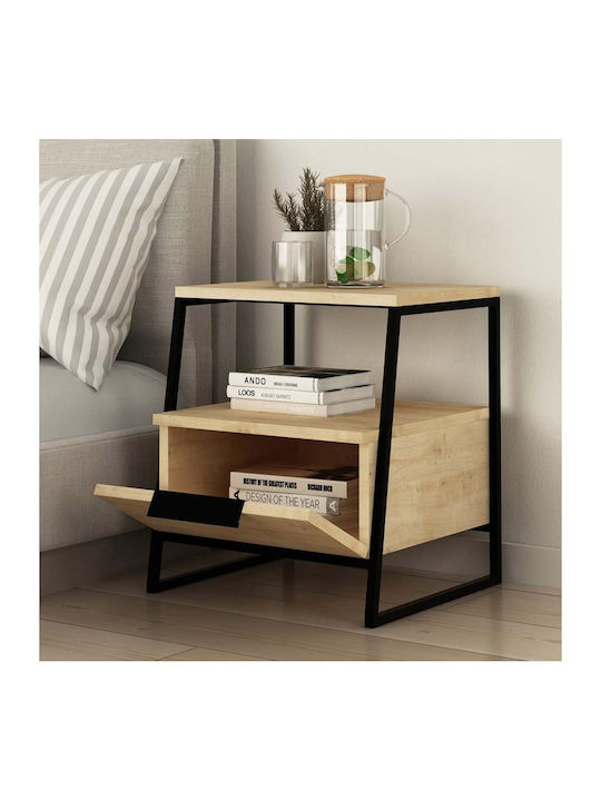 Pal Wooden Bedside Table with Metallic Legs Φυσικό Οξιάς 45x40x50cm