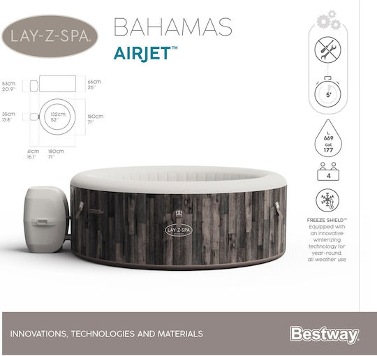 Bestway Στρογγυλή Πισίνα 669lt Φουσκωτή με Υδρομασάζ 180x66εκ. Γκρι