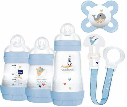 Mam Plastic Baby Bottle Set Welcome To The World Gift Set Anti-Colic with Silicone Nipple for 0+, 0+ m, months Light Blue Whale - Blue 260ml 5pcs