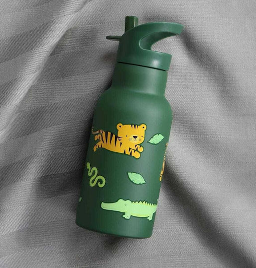 A Little Lovely Company Kids Water Bottle Thermos Stainless Steel with Straw Green 350ml