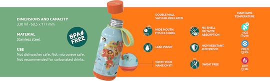 Quokka Map Of Life Kids Water Bottle Thermos Stainless Steel with Screw Cap Non Spill Light Blue 330ml