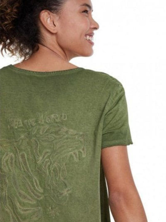 Desigual Africa Damen T-shirt mit V-Ausschnitt Khaki