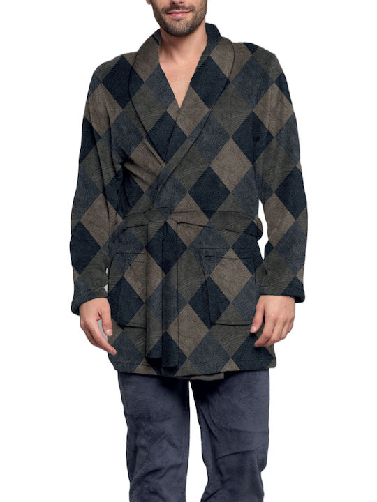 Karelpiu Men's Winter Fleece Checked Pajama Robe Brown