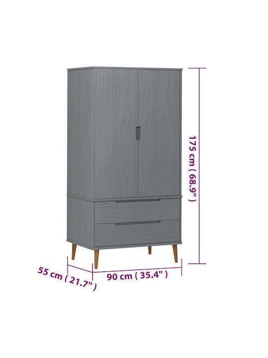 Δίφυλλη Ντουλάπα Γκρι 90x55x175cm