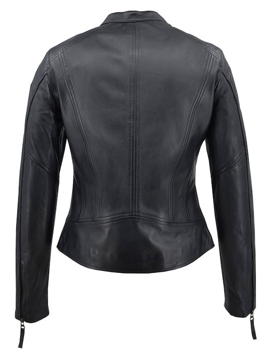 Δερμάτινα 100 Aliki Women's Short Biker Leather Jacket for Winter Black