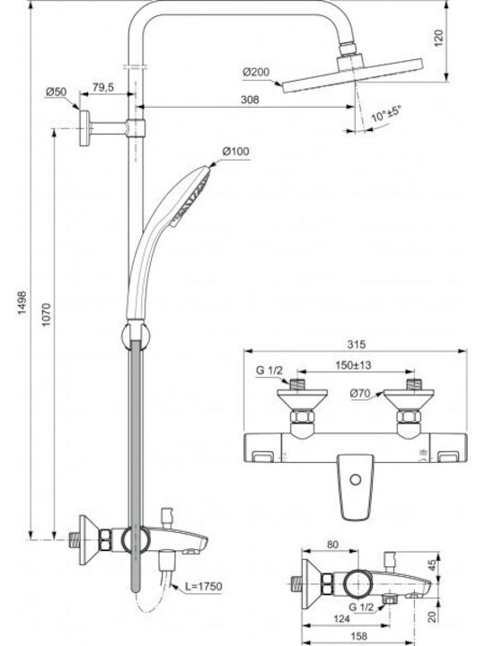 Ideal Standard Ceratherm Στήλη Ντουζ με Μπαταρία 149cm Ασημί