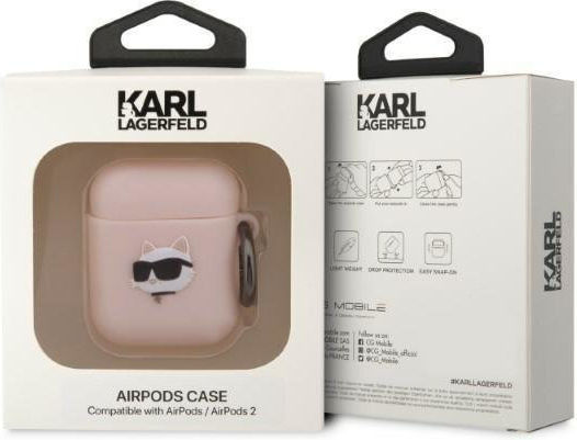 Karl Lagerfeld Choupette Head 3D Case Silicone with Hook in Pink color for Apple AirPods 1 / AirPods 2