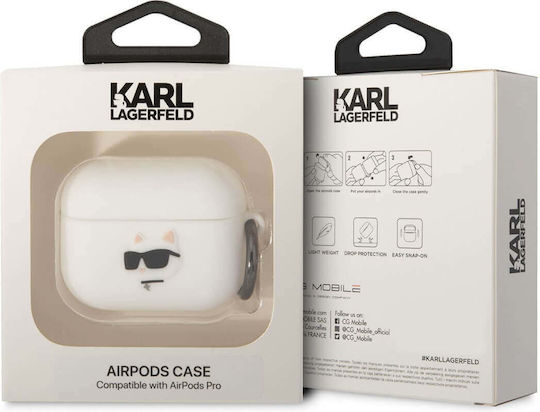 Karl Lagerfeld Choupette Head 3D Hülle Silikon mit Haken in Weiß Farbe für Apple AirPods Pro