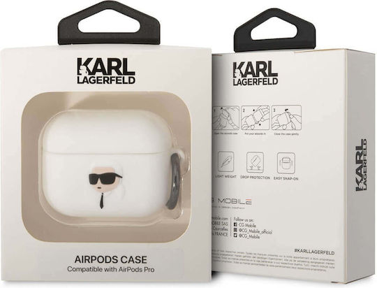 Karl Lagerfeld Karl Head 3D Hülle Silikon mit Haken in Weiß Farbe für Apple AirPods Pro