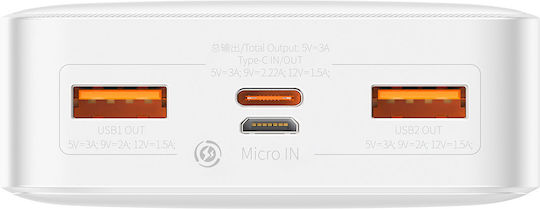 Baseus Bipow Overseas Edition Power Bank 20000mAh 20W με 2 Θύρες USB-A και Θύρα USB-C Λευκό