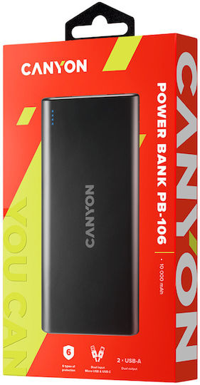 Canyon PB-106 Power Bank 10000mAh με 2 Θύρες USB-A Μαύρο