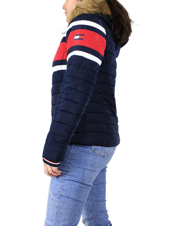 Tommy Hilfiger Women's Short Puffer Jacket for Winter with Hood Navy Blue