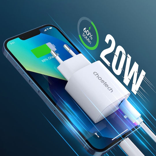 Choetech Incarcător Fără Fir Cu Port USB-C 20W Livrarea Energiei Alb