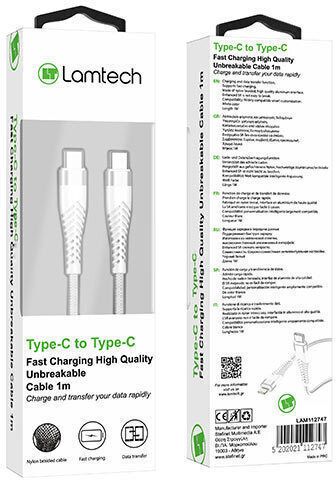 Lamtech Braided USB 2.0 Cable USB-C Male - USB-C White 1m LAM112747