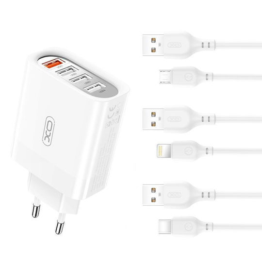 XO Φορτιστής Χωρίς Καλώδιο με 4 Θύρες USB-A Quick Charge 3.0 Λευκός (L100)