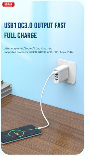 XO Φορτιστής Χωρίς Καλώδιο με 4 Θύρες USB-A Quick Charge 3.0 Λευκός (L100)