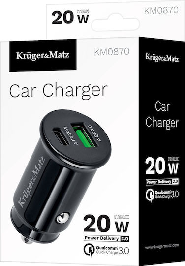 Kruger & Matz Încărcător Auto Cu Mufă De Brichetă 20W Încărcare Rapidă Cu Porturi 1xUSB-A 1xType-C Culoare Neagră