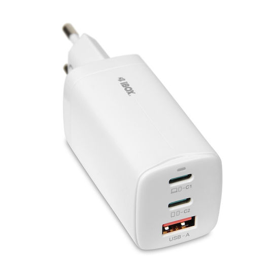 iBox Incarcător Fără Cablu GaN cu Port USB-A și 2 Porturi USB-C 65W Alb