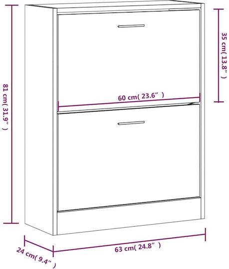 Holz Schuhschrank mit 2 Regalen Gelb L63xW24xH81cm
