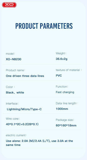 XO 16.005.0215 Regular USB to Lightning / Type-C / micro USB Cable 2.4A Μαύρο 1m (16.005.0215)