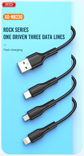 XO 16.005.0215 Regular USB to Lightning / Type-C / micro USB Cable 2.4A Μαύρο 1m (16.005.0215)