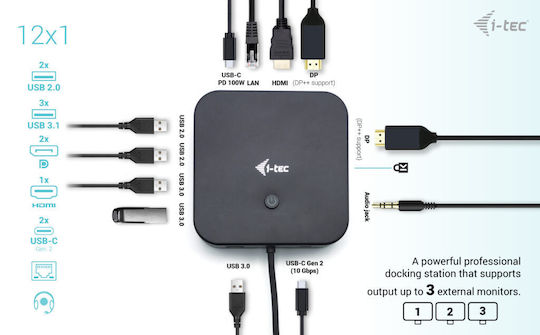i-tec USB-C Docking Station με HDMI/DisplayPort 4K PD Ethernet και συνδεση 3 Οθονών Μαύρο (C31TRIPLE4KDOCKPDPRO)