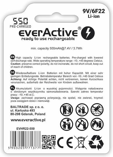 everActive Professional Baterie Reîncărcabilă 9V Li-ion 500mAh 1buc