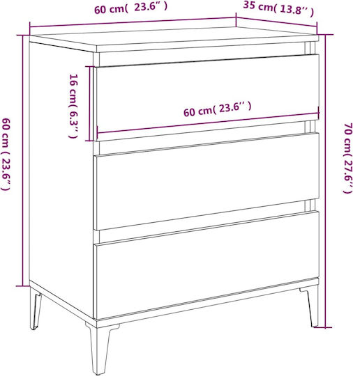 Wooden Bedroom Chest of Drawers with 3 Drawers 60x35x70cm