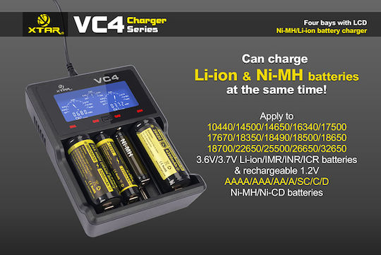 XTAR VC4 USB Φορτιστής 4 Μπαταριών Li-ion/Ni-MH Μεγέθους AA/AAA/D/18650