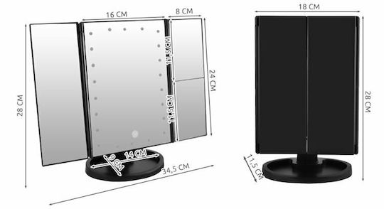 Makeup Mirror Tabletop with Light Zoom x3 34x27cm Black