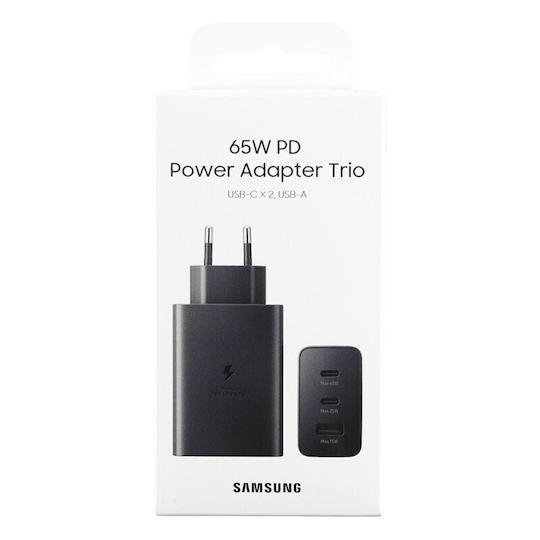 Samsung Charger Without Cable with USB-A Port and 2 USB-C Ports 65W Power Delivery Blacks (Fast)