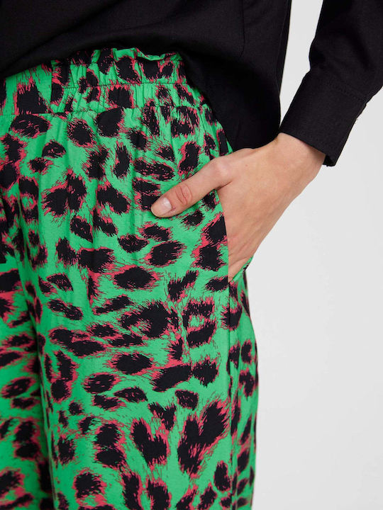 Vero Moda Women's High Waist Fabric Trousers with Elastic Leopard Green