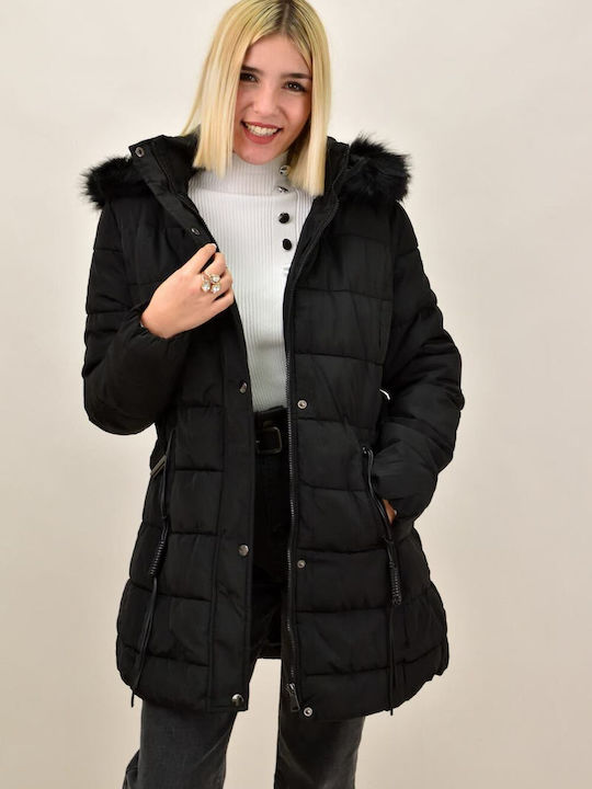 Potre Lang Damen Puffer Jacke mit pelziger Kapuze für Winter Schwarz