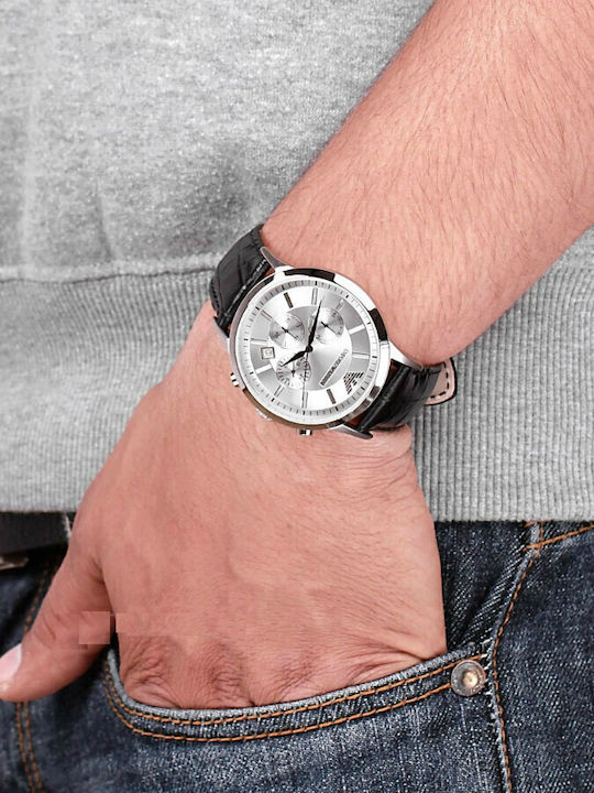 Emporio Armani Men's Watch 43mm Chronograph Battery with Black Leather Strap