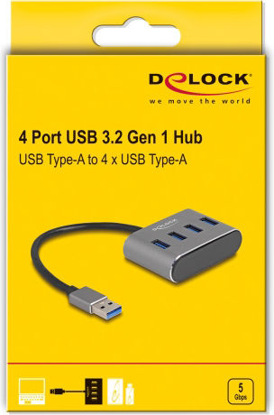DeLock Hub 4 Porturi USB 3.2 cu Conectare USB-A Gri