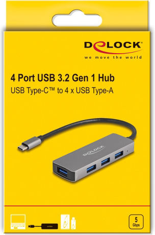 DeLock USB-Hub 4 Anschlüsse USB 3.2 mit USB-C Verbindung Grau