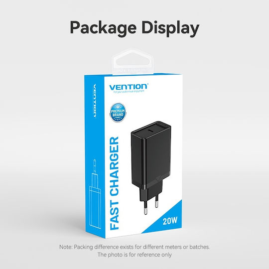 Vention Charger Without Cable with USB-C Port 20W Power Delivery Blacks (FADB0-EU)