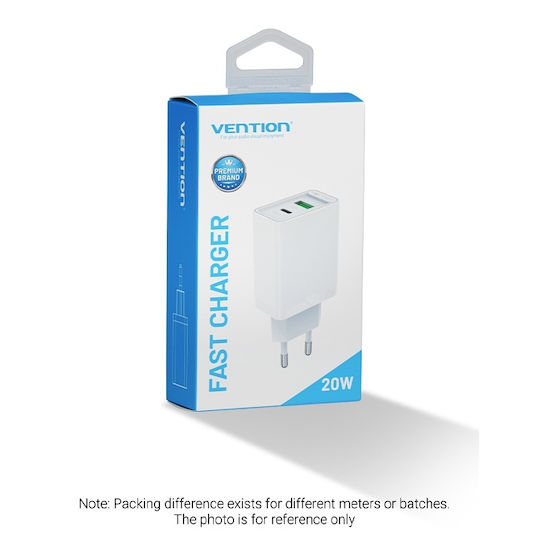Vention Φορτιστής Χωρίς Καλώδιο με Θύρα USB-A και Θύρα USB-C 20W Power Delivery / Quick Charge 3.0 Λευκός (FBBW0-EU)