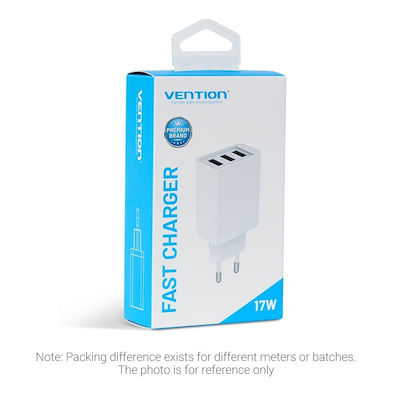 Vention Charger Without Cable with 3 USB-A Ports 12W Whites (FEAW0-EU)