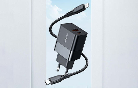 Mcdodo Incarcător Cu Port USB-A Și Port USB-C Și Cablu USB-C - Lightning 20W Negru (CH-1952)