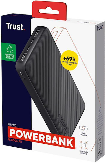 Trust Primo Power Bank 15000mAh 15W με 2 Θύρες USB-A και Θύρα USB-C Μαύρο