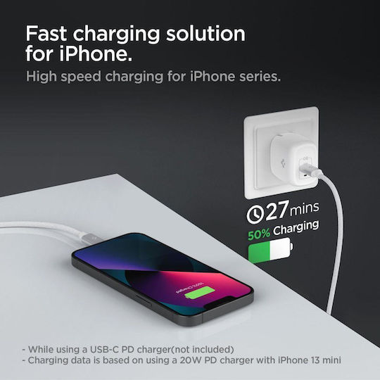 Spigen ArcWire Плетена USB-C към Lightning кабел Бял 2м (ACA04467)